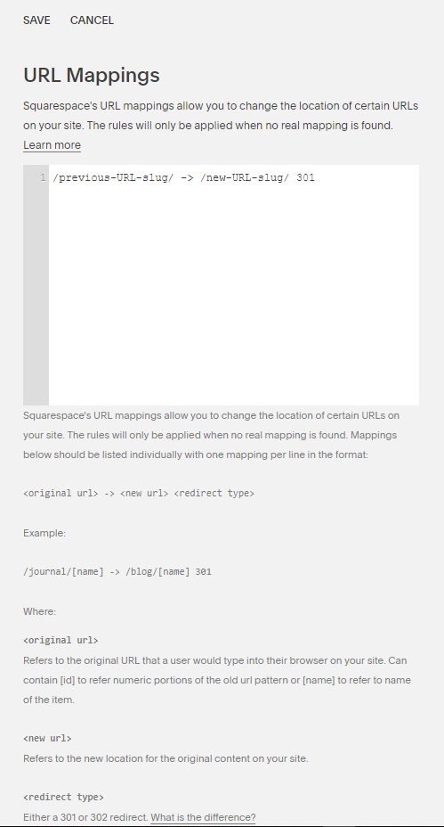 Redirections Squarespace URL Mappings