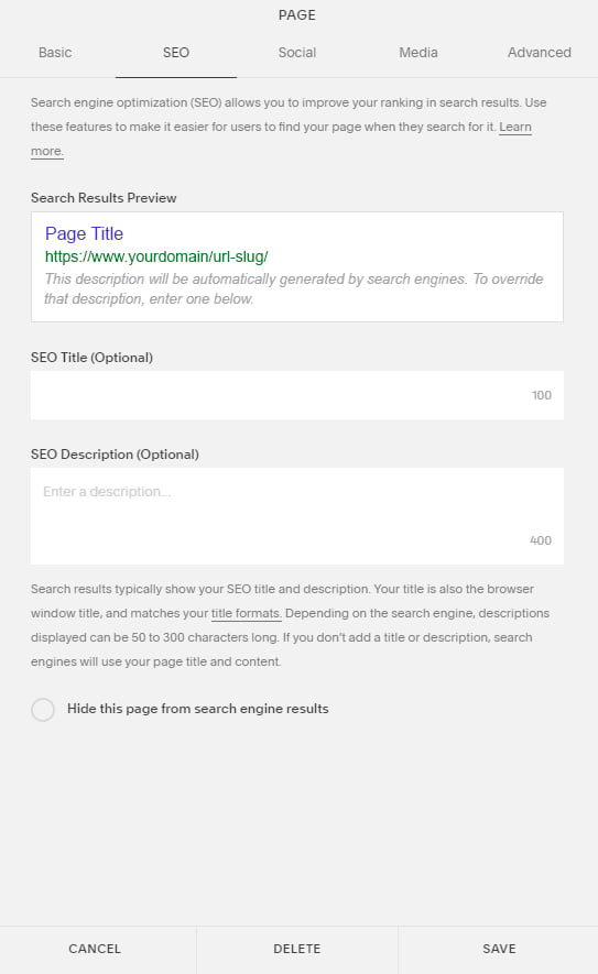 Squarespace SEO Page Search engines snippet edit